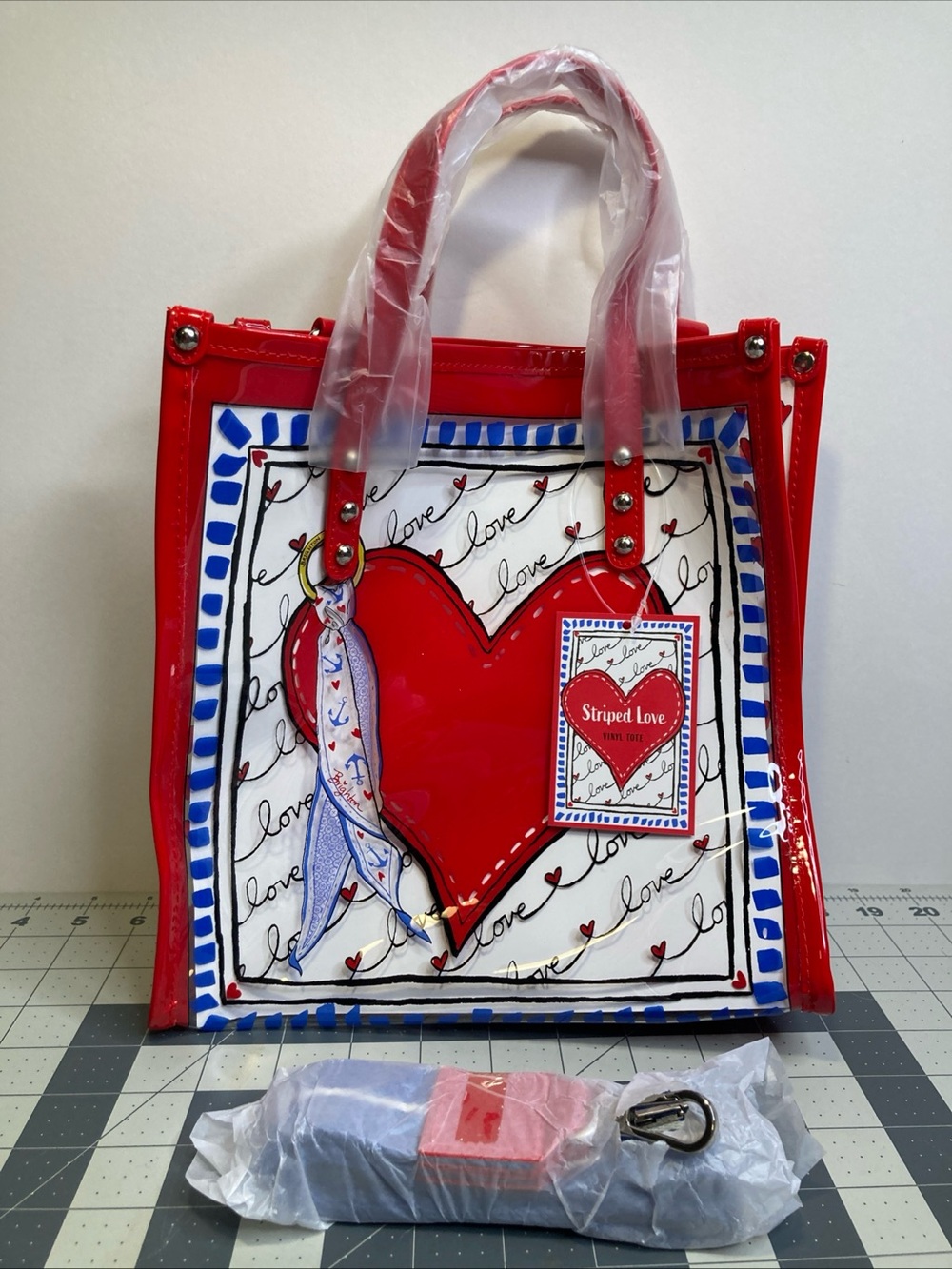 BRIGHTON Striped Love Vinyl Tote Crossbody Red White Blue Clear NEW